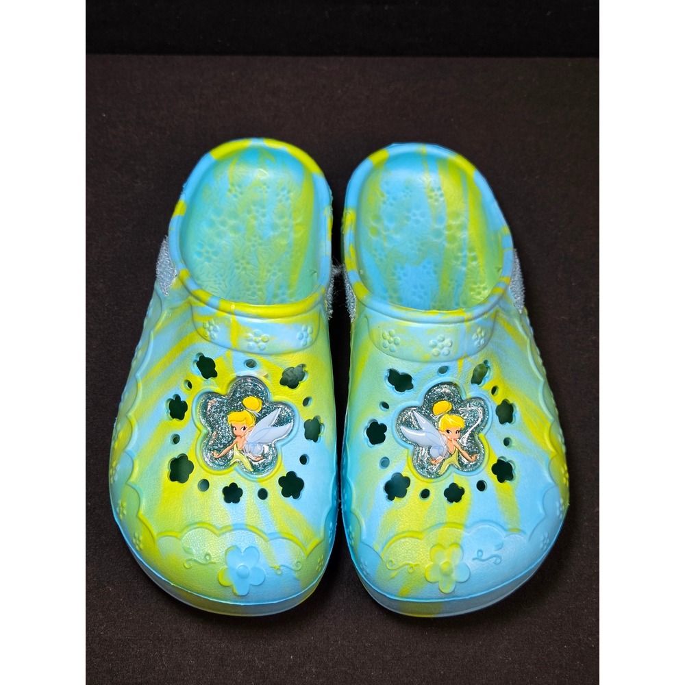 Disney Fairies Tinker Bell Blue Yellow Swirl Clogs Kids‎ Size 11 Slip On Shoes